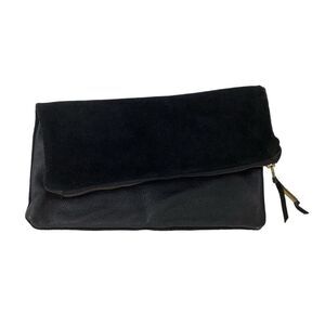 Leather Suede Black Clutch Fold Over Pouch Zip Closure Patchwork Minimal Purse